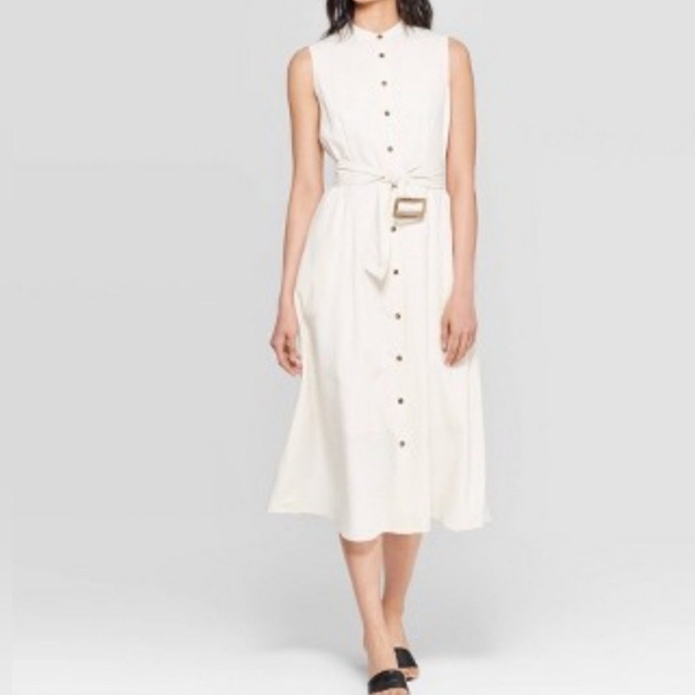 Sleeveless White Button-Front Midi Dress with Waist Tie